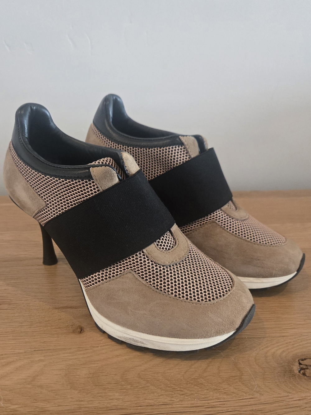Taupe Suede & Mesh Slip-On Heels with Black Elastic Band